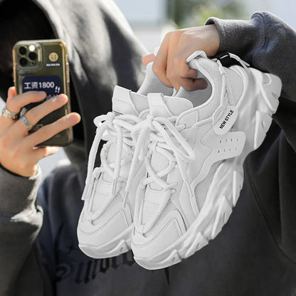 Men's Chunky Leather Sneakers – Breathable Thick Sole Casual Shoes