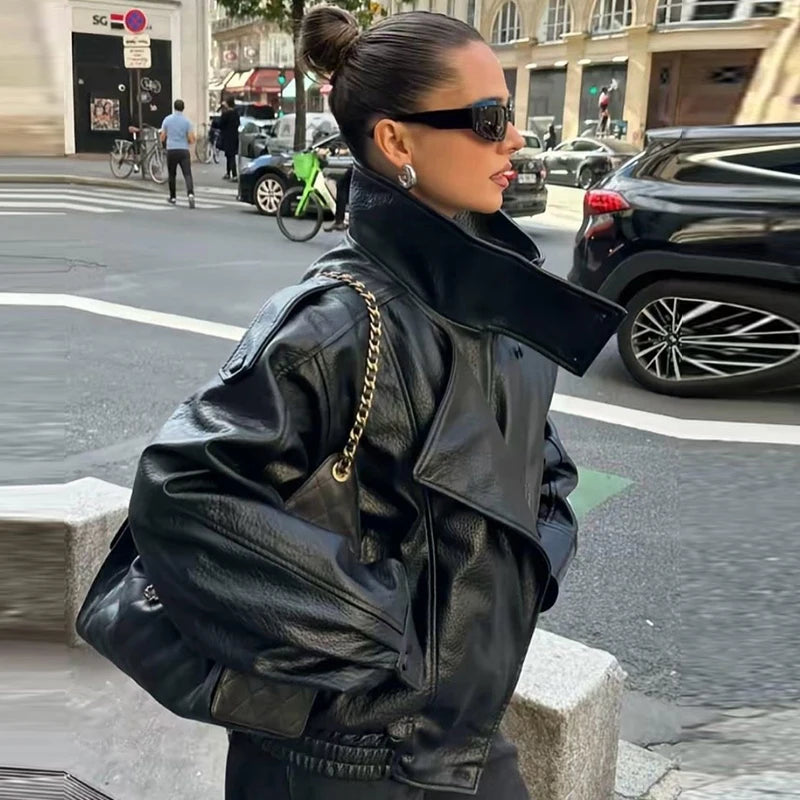 Faux Leather Bomber Jacket Women – Oversized Cropped Zip-Up