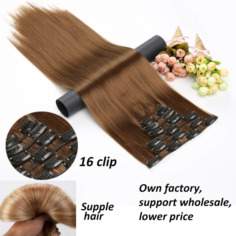 Clip-In Hair Extensions 6-Piece Set Long Straight Synthetic Seamless