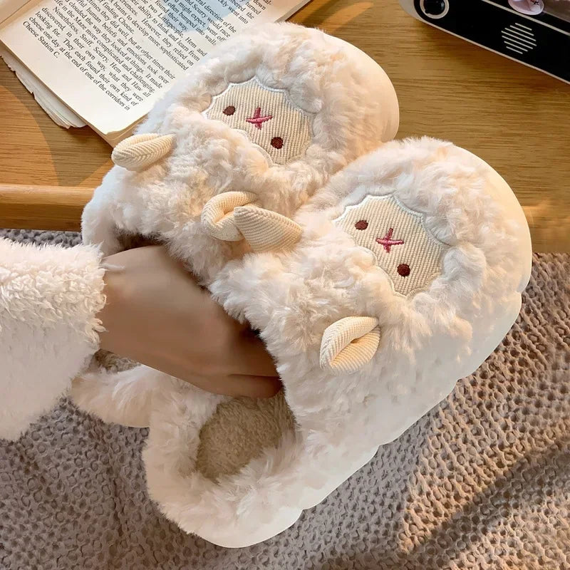 Winter Cartoon Plush Slippers Warm Fluffy Faux Fur Sheep Design Indoor Home Couple Cotton Men Women