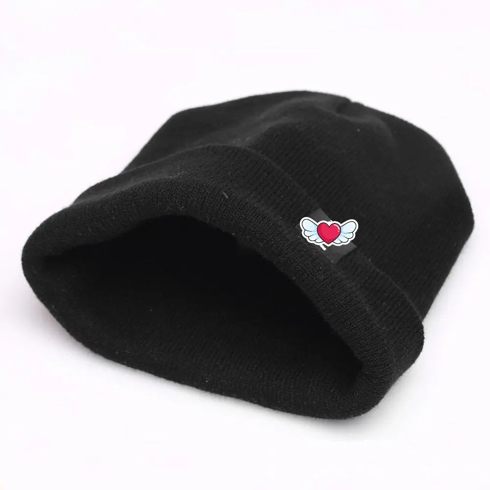 Winter Knit Beanie with Heart Wing Embroidery – Warm Cuffed Hat