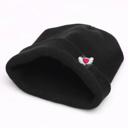 Winter Knit Beanie with Heart Wing Embroidery – Warm Cuffed Hat