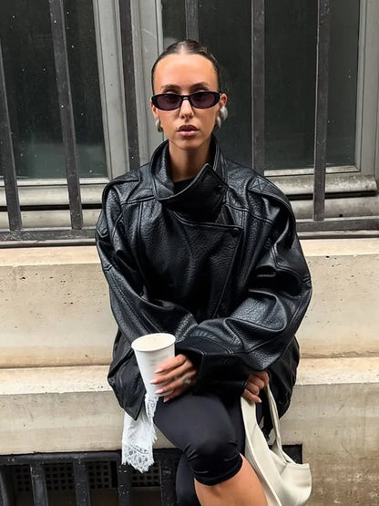 Women's Oversized Faux Leather Jacket – Asymmetric Button Loose Coat