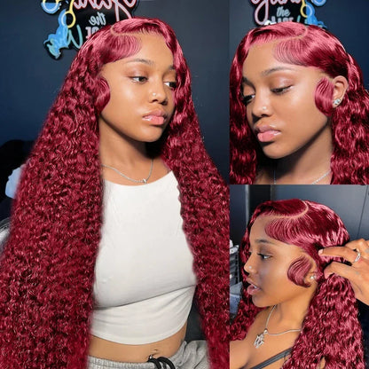 Hd Transparent Lace 200 Density 13x4 13x6 Full Frontal 99j Burgundy Preplucked Colored Deep Wave