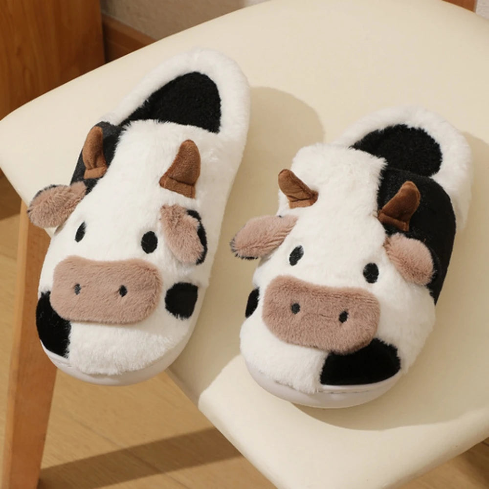 Winter Home Slippers Couples Warm Plush Neutral Cartoon Cow Indoor Anti Slip Comfortable Cotton Men
