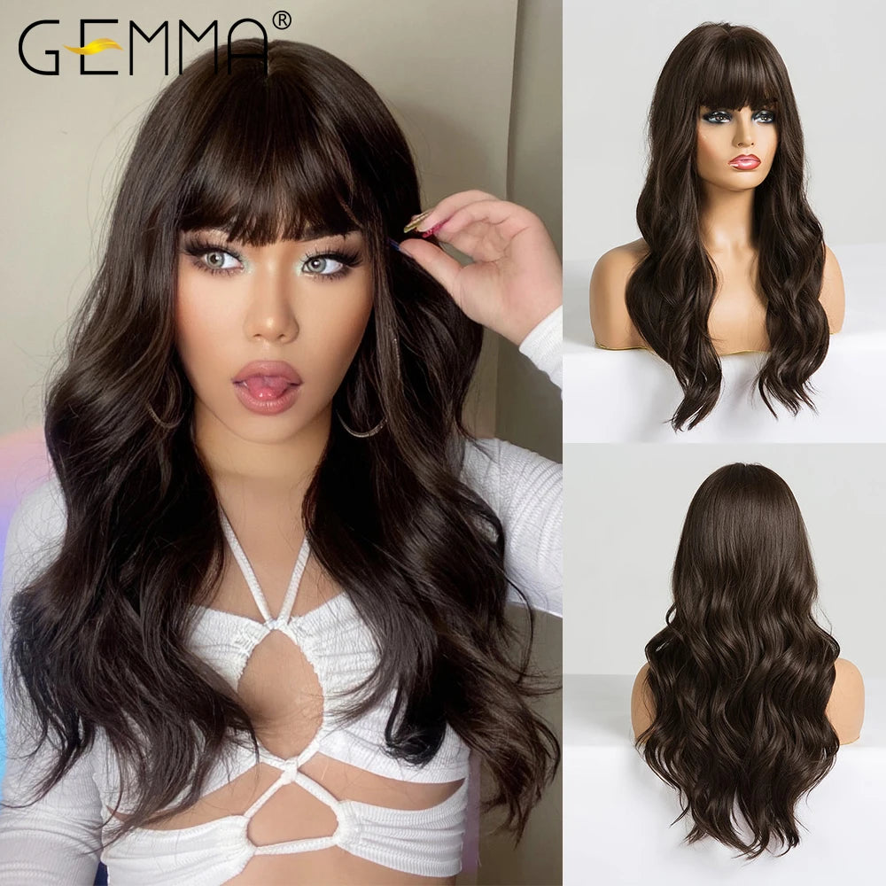 Gemma Ombre Brown Blonde Long Straight Synthetic Wigs Bangs Cosplay Wig Women Temperature Natural
