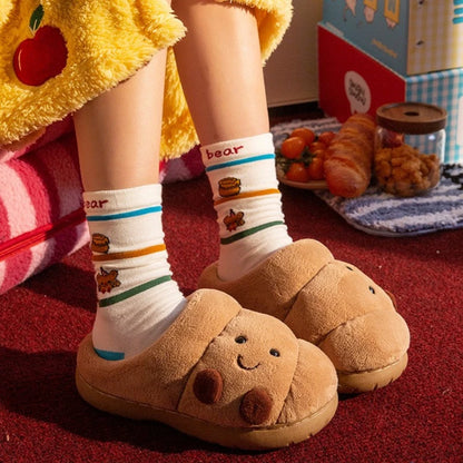 Cute Cartoon Fluffy Slippers Women Men Winter House Shoes Furry Croissant Bread Style Anti-Slip
