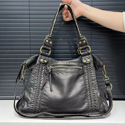 Vintage Washed Leather Motorcycle Shoulder Bag – Large Capacity Crossbody