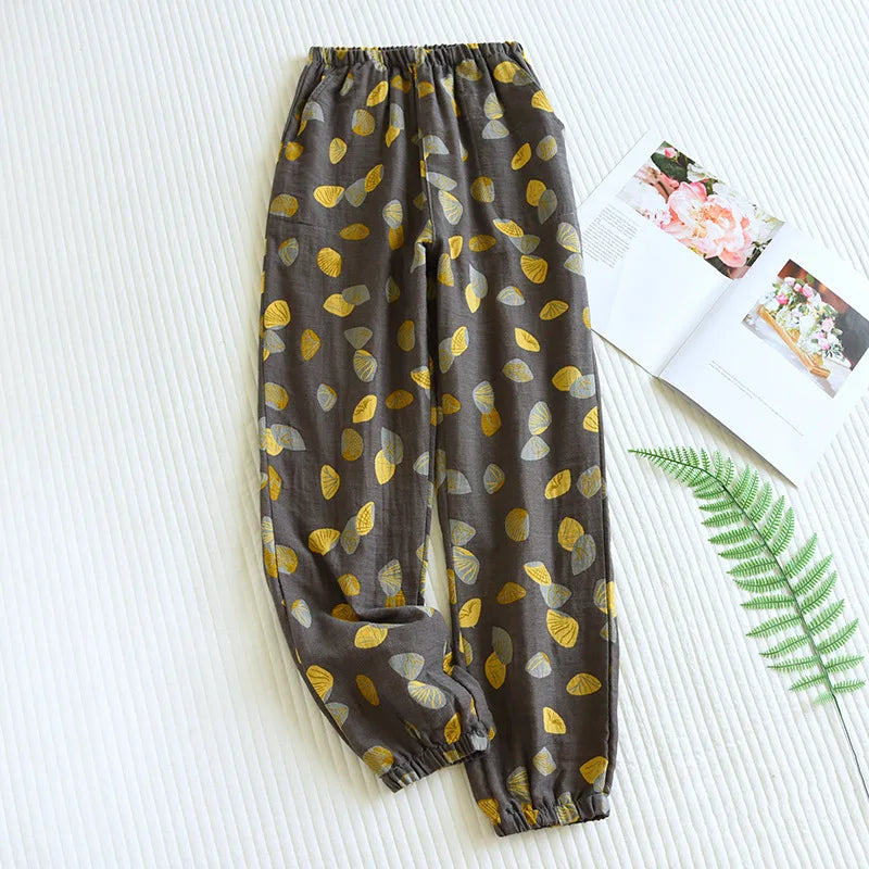 Women's Cotton Crepe Pajama Pants – Loose Floral Print Lounge Bottoms
