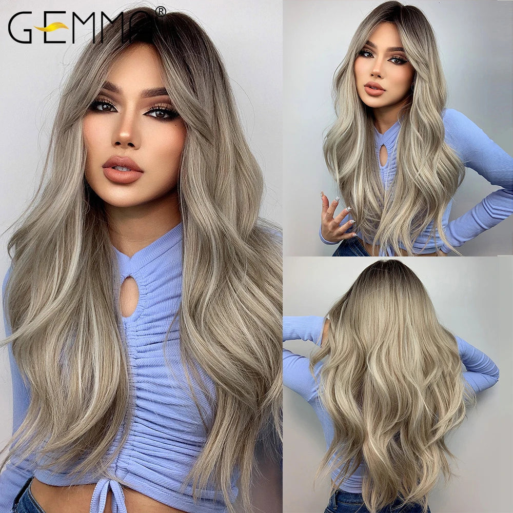 Gemma Ombre Brown Blonde Long Straight Synthetic Wigs Bangs Cosplay Wig Women Temperature Natural