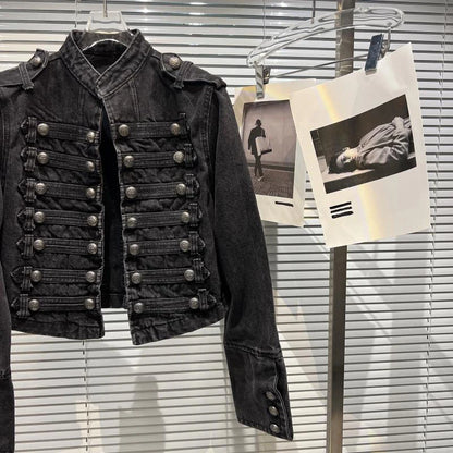 Women's Punk Military Denim Jacket – Vintage Washed Stand Collar Moto Coat