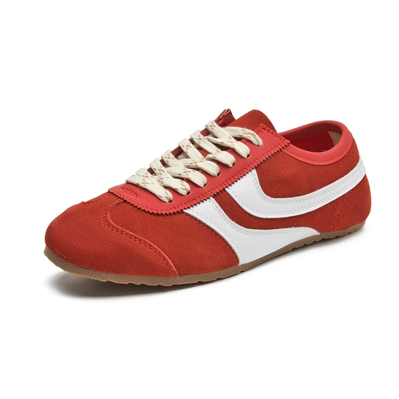 Women's Genuine Leather Retro Sneakers – Flat Lace-Up Casual Shoes