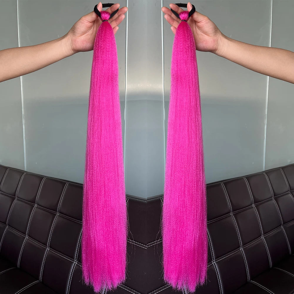 Synthetic Colorful Ponytail Extension 2pcs Long Straight Diy Braided Pony Tail Hairpiece Rubber Band
