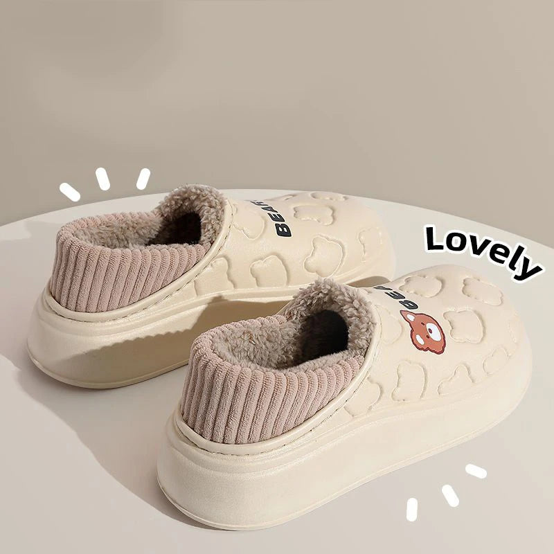 Waterproof Cotton Slippers Women Men Winter Outdoor Indoor Home Plush Warm Thick Sole Anti Slip