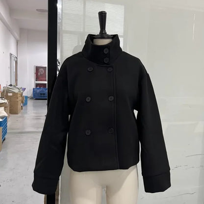 Women's Short Woolen Coat – Stand Collar Zip Jacket