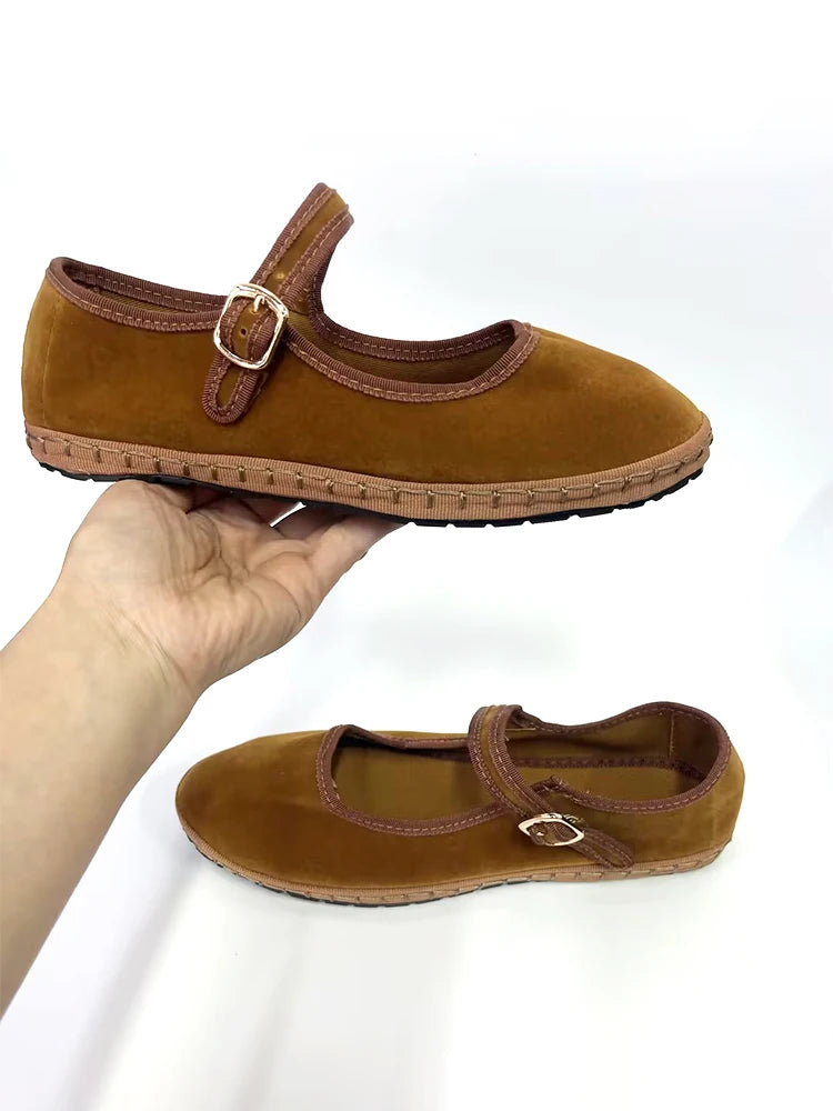Velvet Mary Jane Flats – Women's Buckle Strap Ballet Shoes