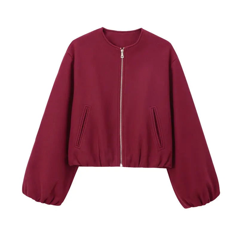 Women's Loose Cropped Bomber Jacket – Zip-Up Long Sleeve Coat
