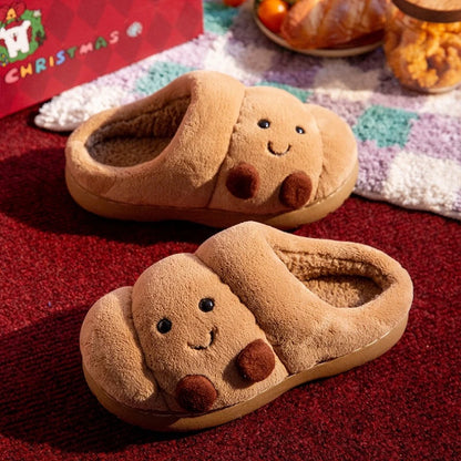 Cute Cartoon Fluffy Slippers Women Men Winter House Shoes Furry Croissant Bread Style Anti-Slip