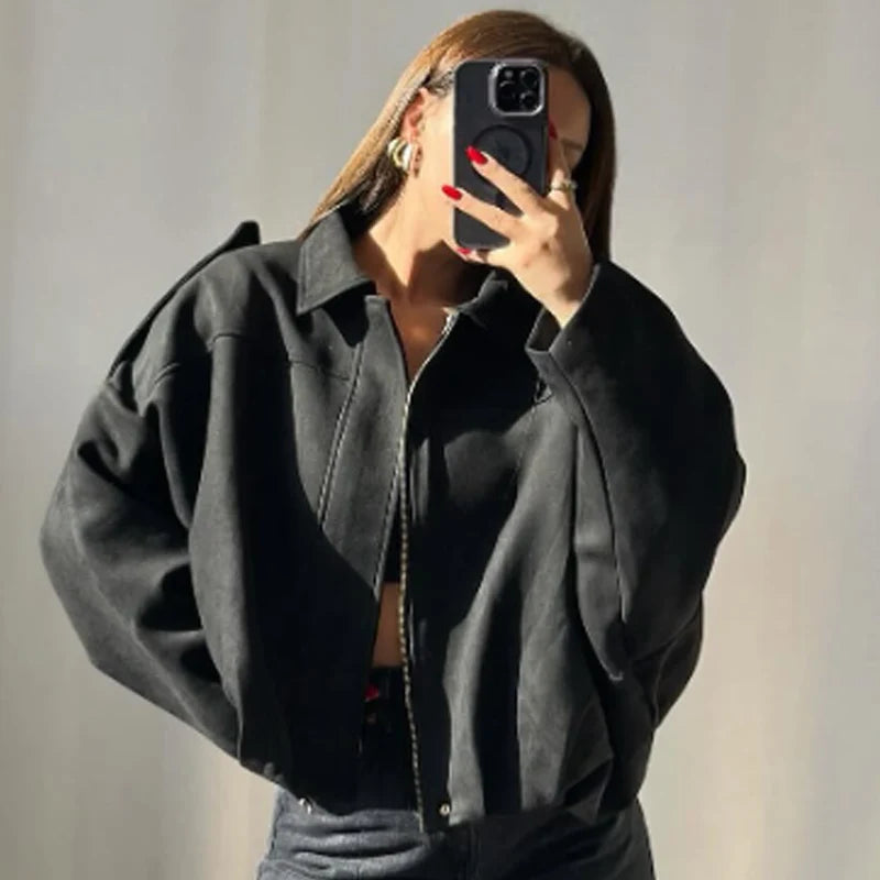 Women's Suede Cropped Bomber Jacket – Oversized Batwing Coat