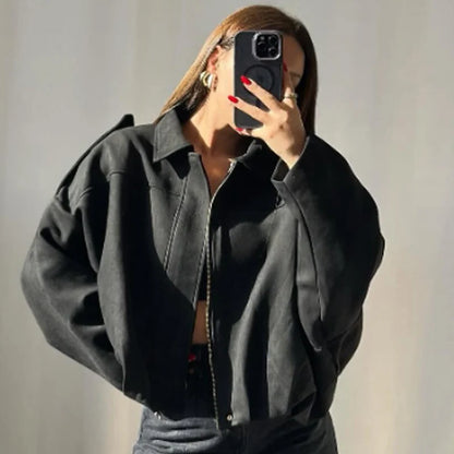 Women's Suede Cropped Bomber Jacket – Oversized Batwing Coat