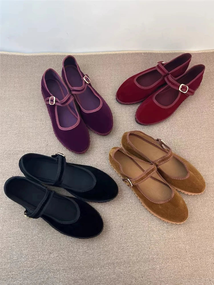 Velvet Mary Jane Flats – Women's Buckle Strap Ballet Shoes