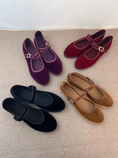 Velvet Mary Jane Flats – Women's Buckle Strap Ballet Shoes
