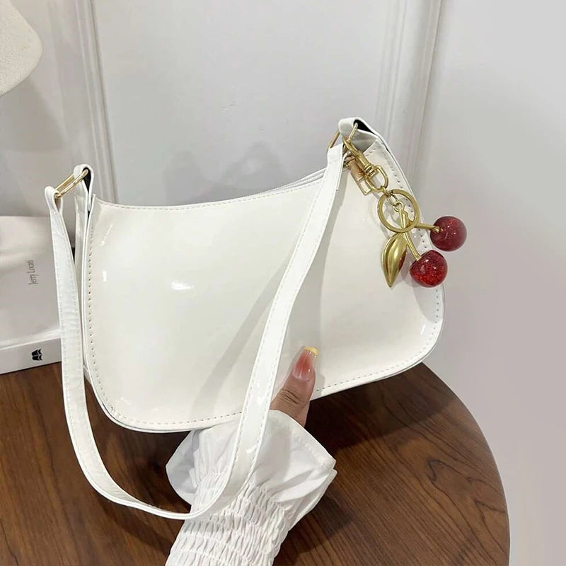 PU Leather Shoulder Bag with Cherry Pendant – Women's Casual Handbag
