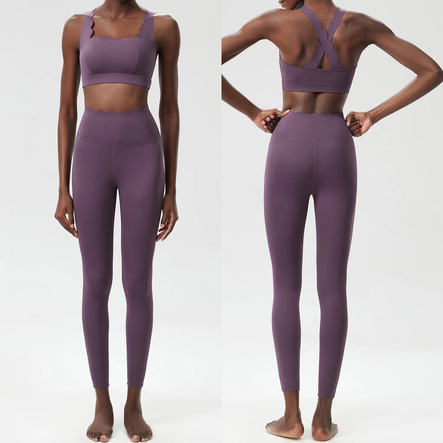 Women's 2-Piece Yoga Set – Scallop Sports Bra & High-Waist Leggings