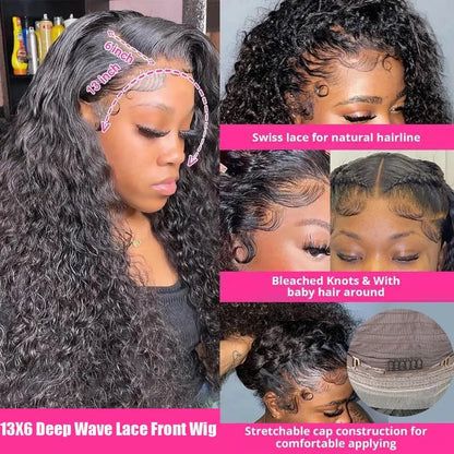 Deep Wave Lace Front Wig – 250% Density Brazilian Human Hair 16–42 Inch