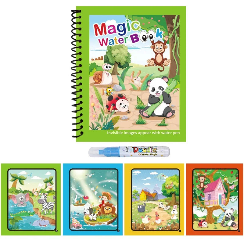 Magic Water Coloring Book for Kids with Water Pen – Animal Cartoon Reusable Drawing Book