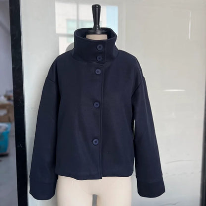Women's Short Woolen Coat – Stand Collar Zip Jacket