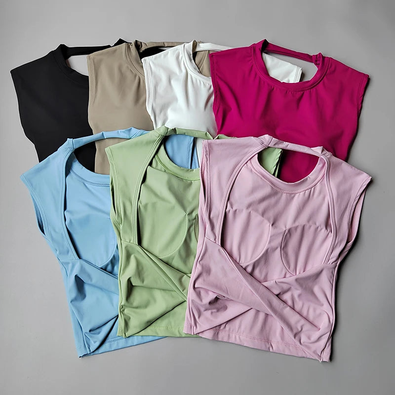 Women's Backless Yoga Crop Top – Built-In Chest Pad Sports Tee