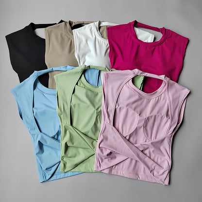 Women's Backless Yoga Crop Top – Built-In Chest Pad Sports Tee