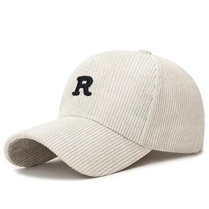 Corduroy Baseball Cap with 3D R Letter Embroidery – Adjustable Unisex Hat
