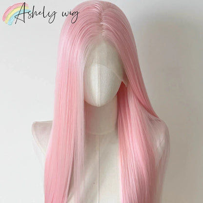 Light Pink Wig Women 13x4 Lace Front 26inch Long Straight Synthetic Wigs Soft Natural Heat-Resistant