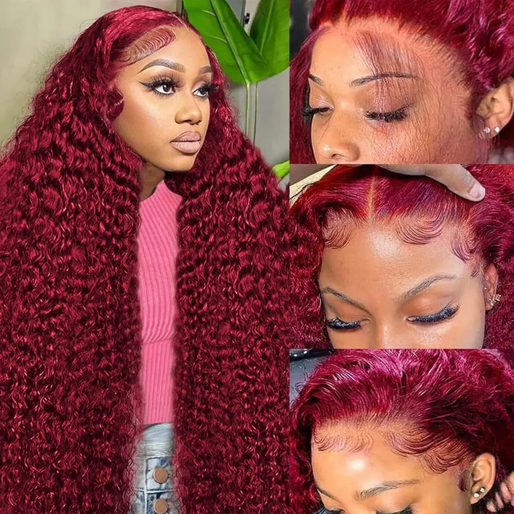 13x4 HD Lace Front Wig Burgundy 99J Deep Wave Curly Human Hair