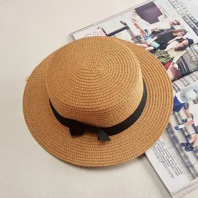 Women's Boater Straw Hat with Bow – Sun Protection Beach Hat