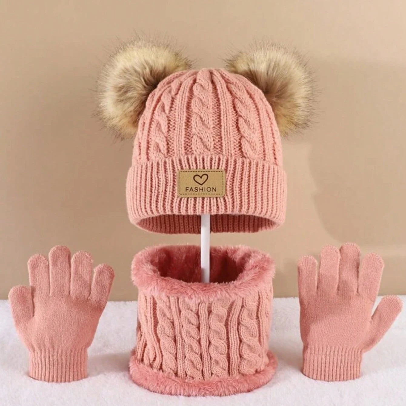 Kids Winter Hat Scarf Gloves Set – 3-Piece Knit Pom Pom Beanie
