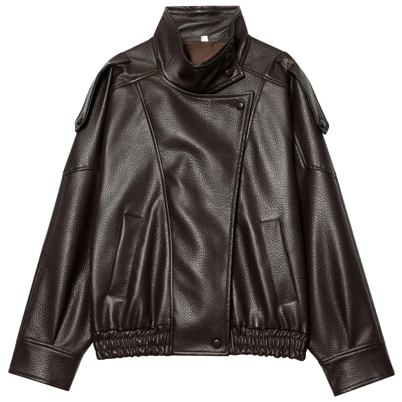 Faux Leather Bomber Jacket Women – Oversized Cropped Zip-Up