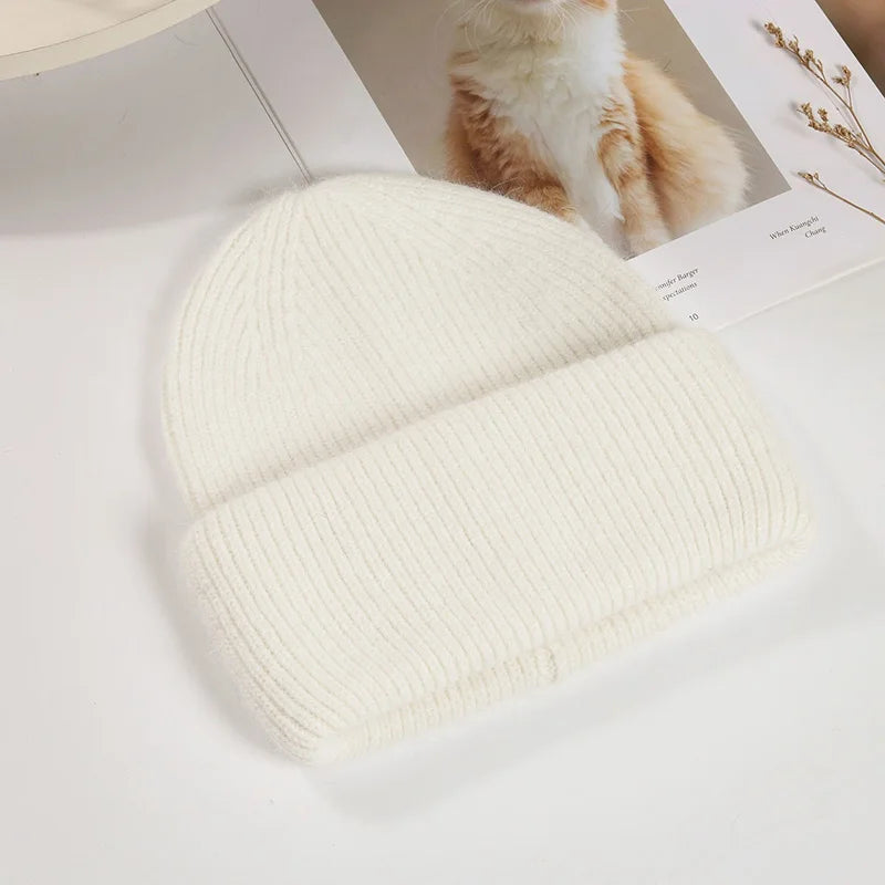Women's Rabbit Fur Knit Beanie – Warm Solid Color Winter Hat