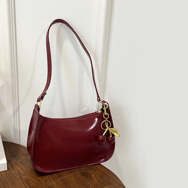 PU Leather Shoulder Bag with Cherry Pendant – Women's Casual Handbag