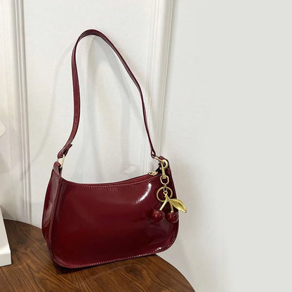 PU Leather Shoulder Bag with Cherry Pendant – Women's Casual Handbag