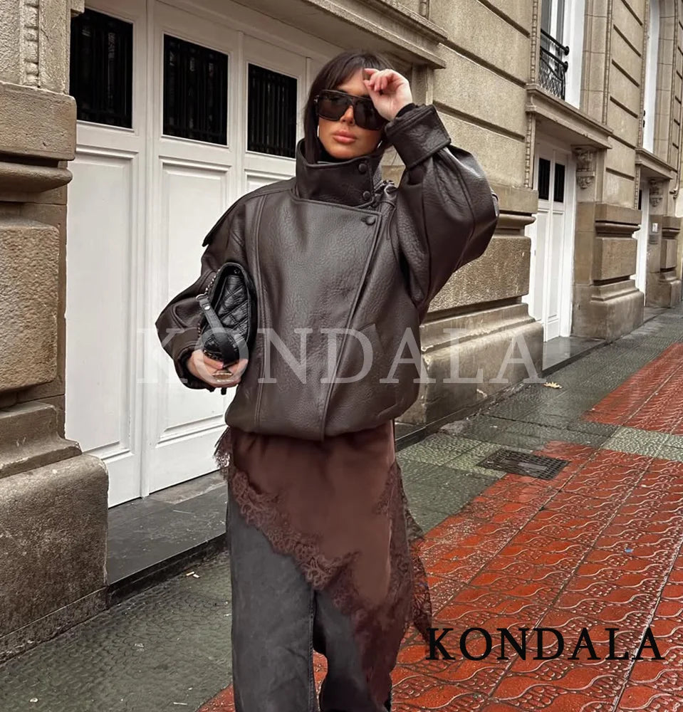 Women's Faux Leather Pilot Jacket – Zip-Up Casual Outwear for Fall & Winter