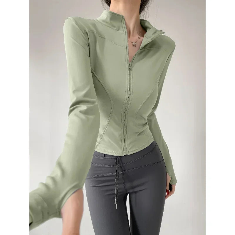 Women's Slim-Fit Zip-Up Yoga Jacket – Long Sleeve Athletic Running Coat