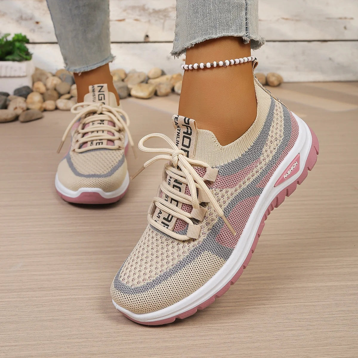 Women's Two-Tone Mesh Knit Sneakers – Casual Lace-Up Fashion Shoes