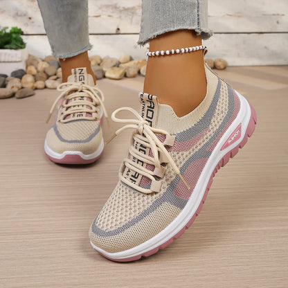 Women's Two-Tone Mesh Knit Sneakers – Casual Lace-Up Fashion Shoes