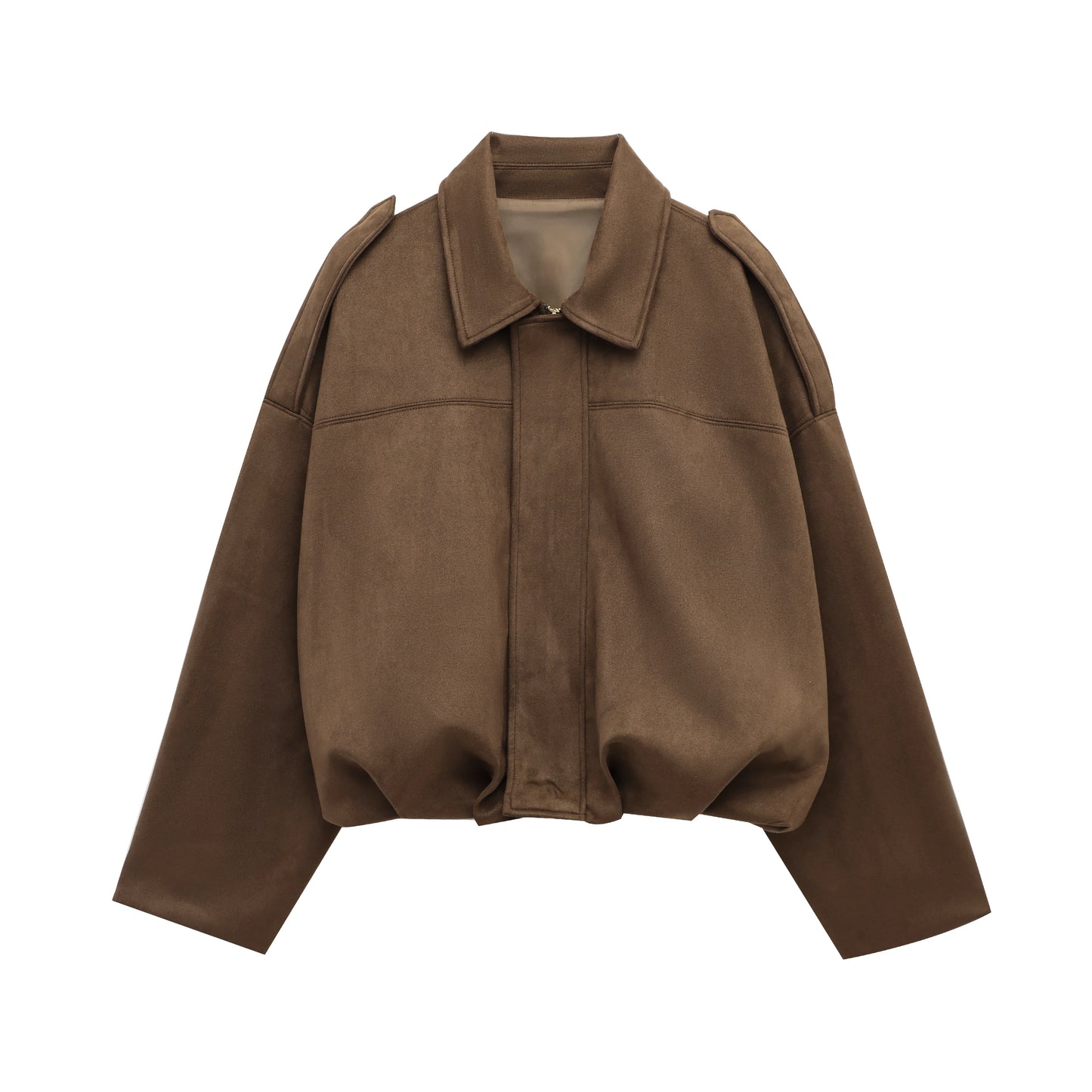 Women's Suede Bomber Jacket – Vintage Loose Zip-Up Coat with Lapel Collar