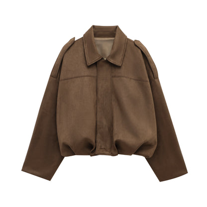 Women's Suede Bomber Jacket – Vintage Loose Zip-Up Coat with Lapel Collar
