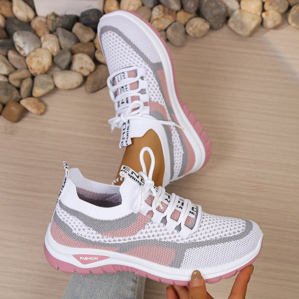 Women's Two-Tone Mesh Knit Sneakers – Casual Lace-Up Fashion Shoes