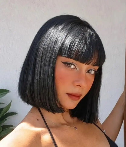16 Inch Straight Bob Bangs Wig 3x1 Lace Human Hair Wigs 200 Density Short Natural Black Ready Wear